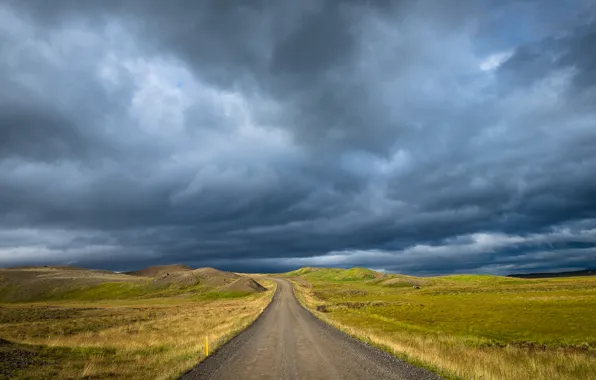 Road, field, storm, gray clouds