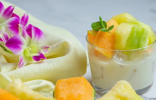 Flowers, glass, towel, orchids, dessert, slices, slices, melon