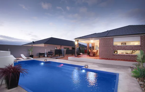 Picture house, sunset, garden, home, swimming pool