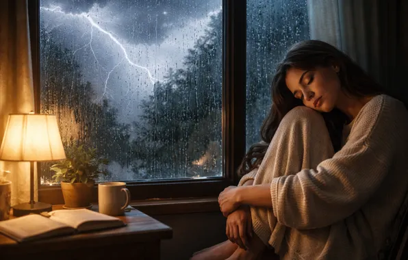 Picture the storm, forest, glass, girl, night, clouds, pose, room