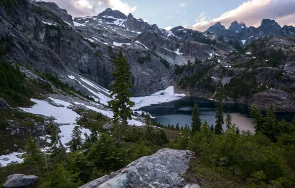 Picture snow, mountains, trees, lake, rocks, Canada, Glacier National Park, stones
