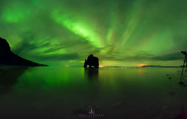 Sea, Northern lights, photographer, rock, Kenji Yamamura