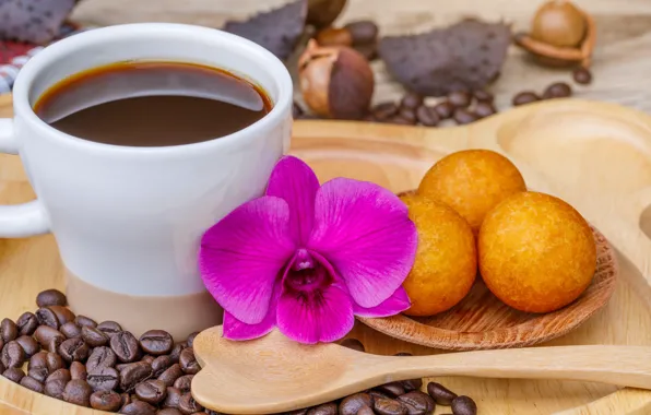 Coffee, coffee beans, Orchid, cakes