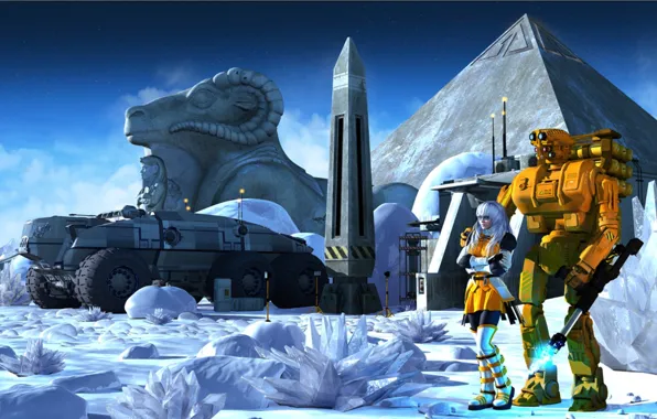 Picture ice, machine, girl, snow, planet, robot, crystals, Lost pyramid of Callisto