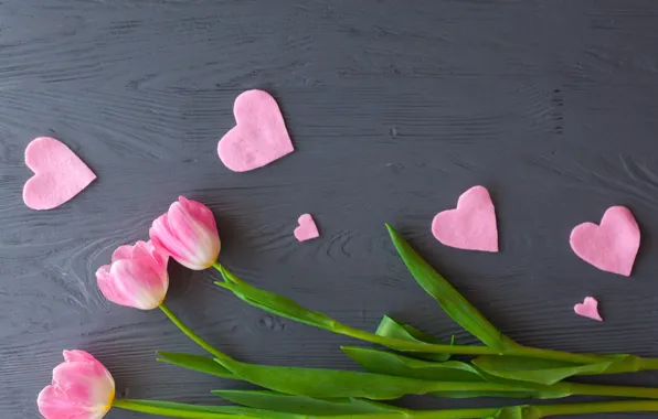 Flowers, bouquet, hearts, tulips, love, pink, wood, pink