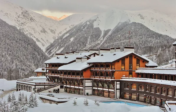 Picture winter, snow, mountains, the hotel