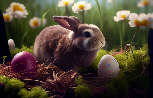 Look, light, flowers, nature, holiday, glade, hare, eggs