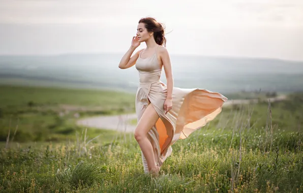 Grass, girl, landscape, nature, dress, brown hair, Alexey Yuriev