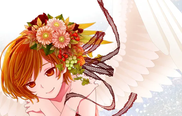 Picture girl, flowers, smile, tape, wings, angel, anime, art