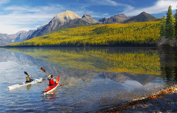 Flowers, mountains, reflection, river, people, stay, beauty, kayaks
