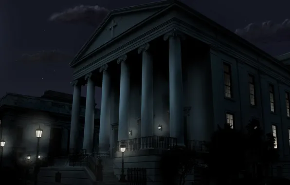 Picture light, night, the building, lights, columns