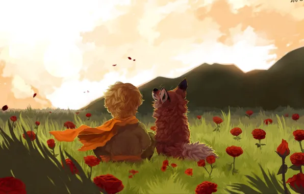 Fox, field, landscape, art, flowers, mountains, painting, child