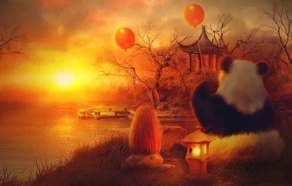 The sun, balls, trees, sunset, orange, lake, house, Panda