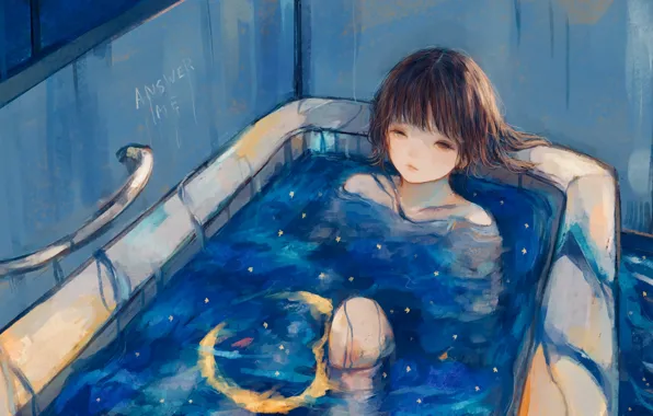 Picture water, girl, bath, starry sky, Crescent