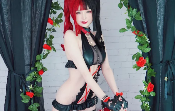Girl, sexy, cleavage, blouse, thighhighs, red hair, long hair, boobs
