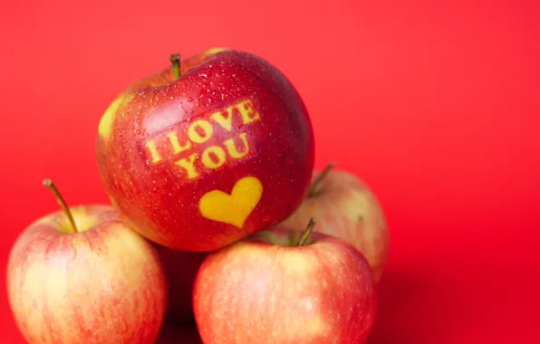 Love, the inscription, apples, heart, food, fruit, I love you