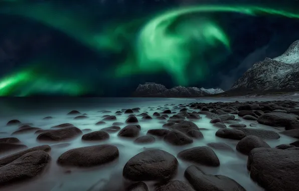 Picture the sky, mountains, night, stones, Northern lights, excerpt