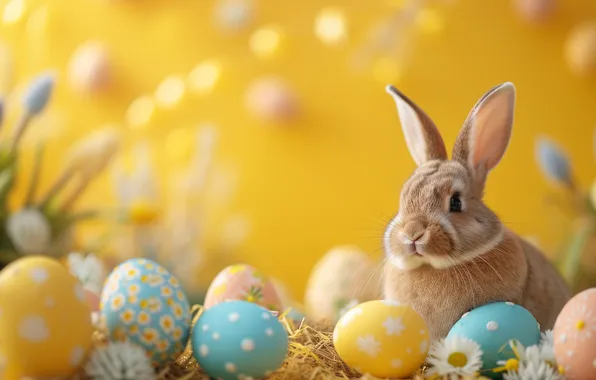 Flowers, holiday, hare, chamomile, eggs, spring, yellow, rabbit