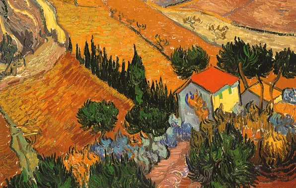 Field, trees, landscape, house, picture, Vincent Van Gogh
