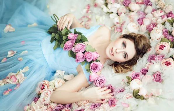Look, girl, flowers, face, pose, smile, woman, portrait