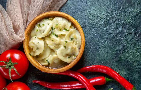 Picture meat, yummy, wooden plate, dumplings