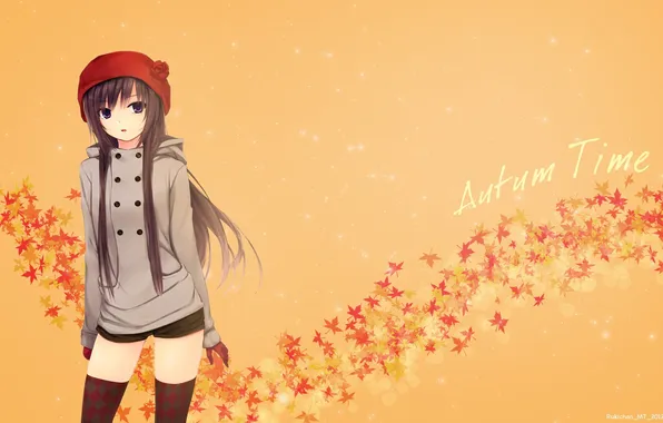 Leaves, girl, background, shorts, stockings, gloves, Coffee-Kizoku