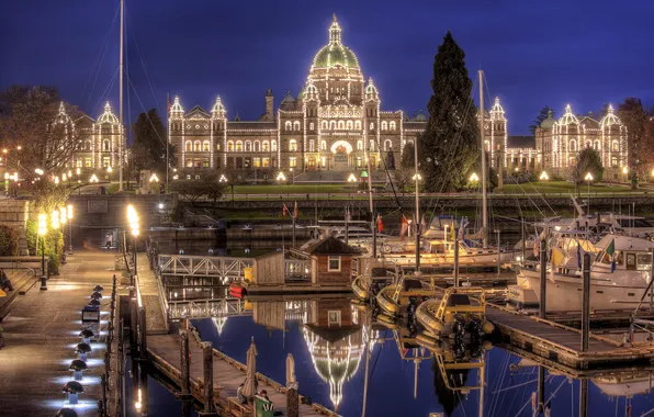 Marina, yachts, Victoria, Canada, Canada, night city, Parliament, Victoria