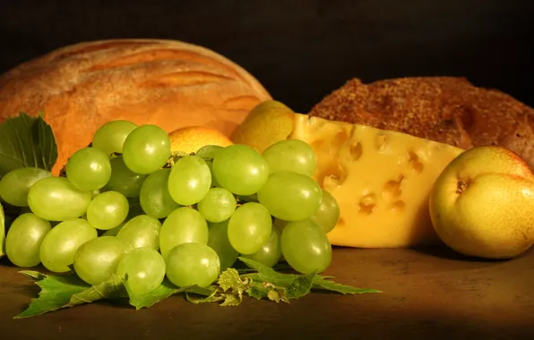 Cheese, bread, grapes, fruit, pear
