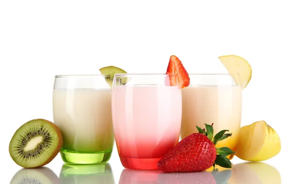 Picture reflection, Apple, kiwi, strawberry, glasses, yogurt
