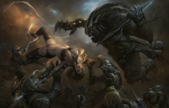 Fantasy, woman, death, pose, creatures, sacrifice