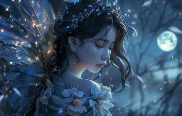 Picture Girl, Night, The moon, Hair, Wings, Fairy, Digital art, Closeup