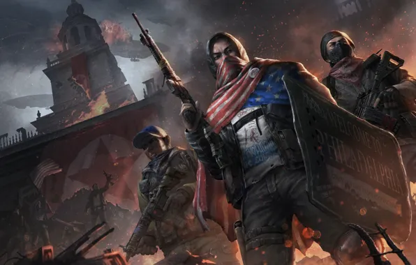 Picture fire, tower, machine, soldiers, shield, the rebels, Homefront: The Revolution