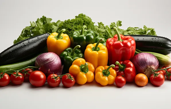 Bow, eggplant, white background, pepper, vegetables, tomatoes, different, broccoli