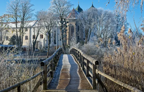 Winter, the sun, trees, bridge, house