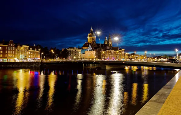 The sky, bridge, lights, river, home, the evening, Amsterdam, lights