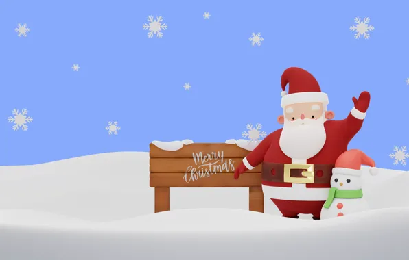 Snowflakes, rendering, Christmas, New year, snowman, Santa Claus, Santa Claus, North pole