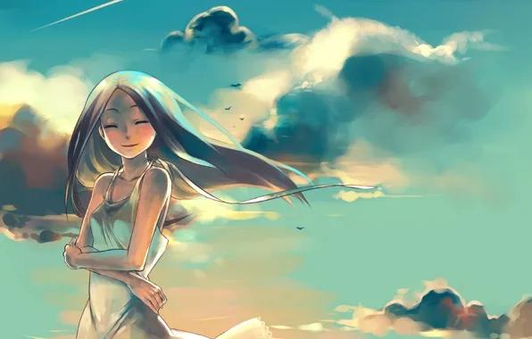 The sky, dream, girl, clouds, sunset, the wind, anime, present