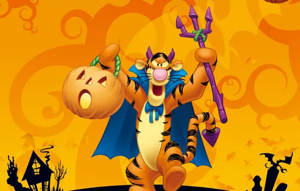 Trident, pumpkin, Halloween, Winnie The Pooh, Tigger