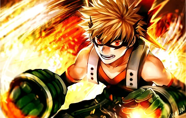 Anime, Fire, art, hero, guy, Boku no Hero Academy, My hero Academy, Bakuga Katsuki