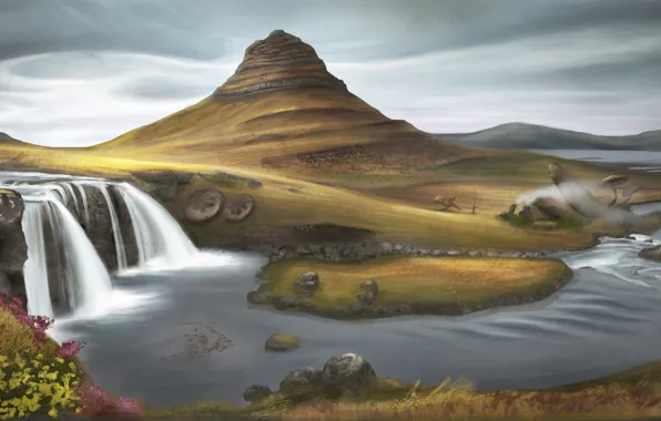 Grass, clouds, river, hills, waterfall, art, painted landscape