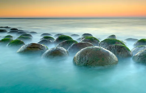 Sea, the sky, clouds, sunset, stones, a number