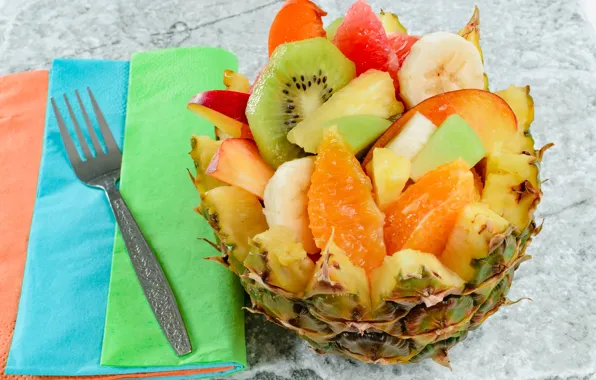 Picture Apple, orange, kiwi, pineapple, banana, dessert, fruit salad