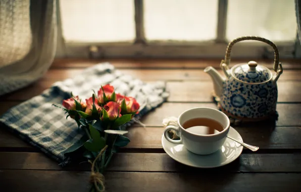 Tea, roses, window