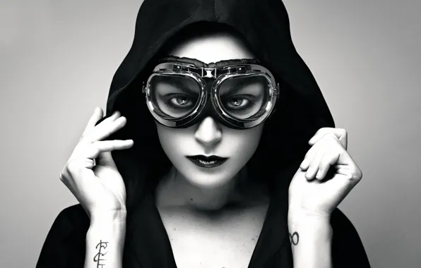 Picture girl, portrait, tattoo, glasses, hood, Aviator