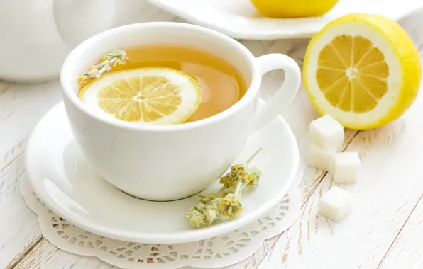 Lemon, tea, mug, sugar, saucer