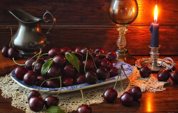 Picture berries, glass, candle, pitcher, still life, cherry