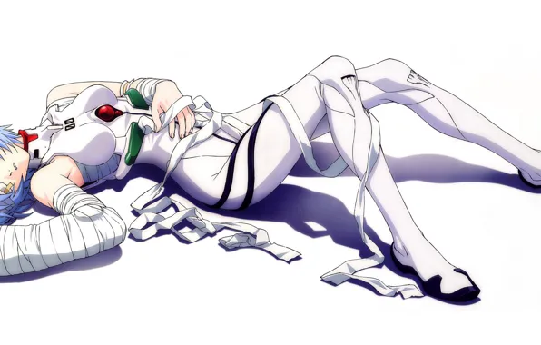 White background, lies, jumpsuit, Neon Genesis Evangelion, blue hair, Ayanami Rei, bandages, eye patch