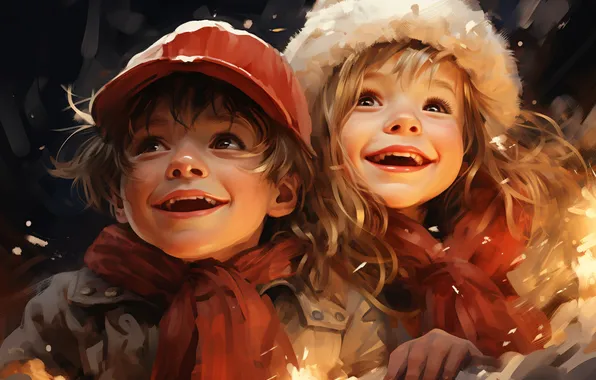 Boy, Smile, Children, Christmas, Girl, New year, Two, Joy