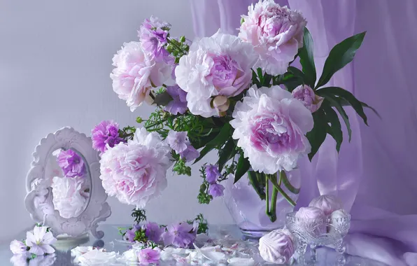 Picture pink, mirror, peonies, marshmallows