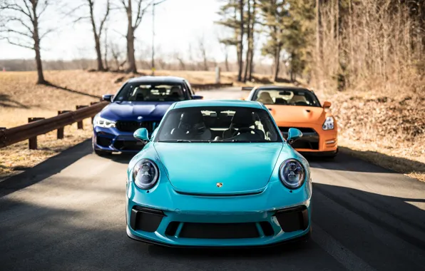 911, Porsche, BMW, GTR, Orange, Nissan, Blue, Front